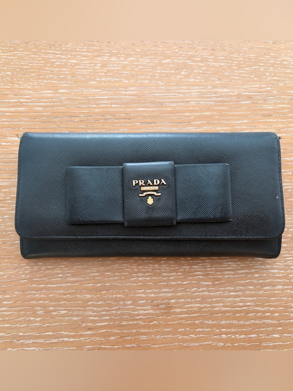 Prada Black Saffiano Bow Clutch Wallet with Gold Logo